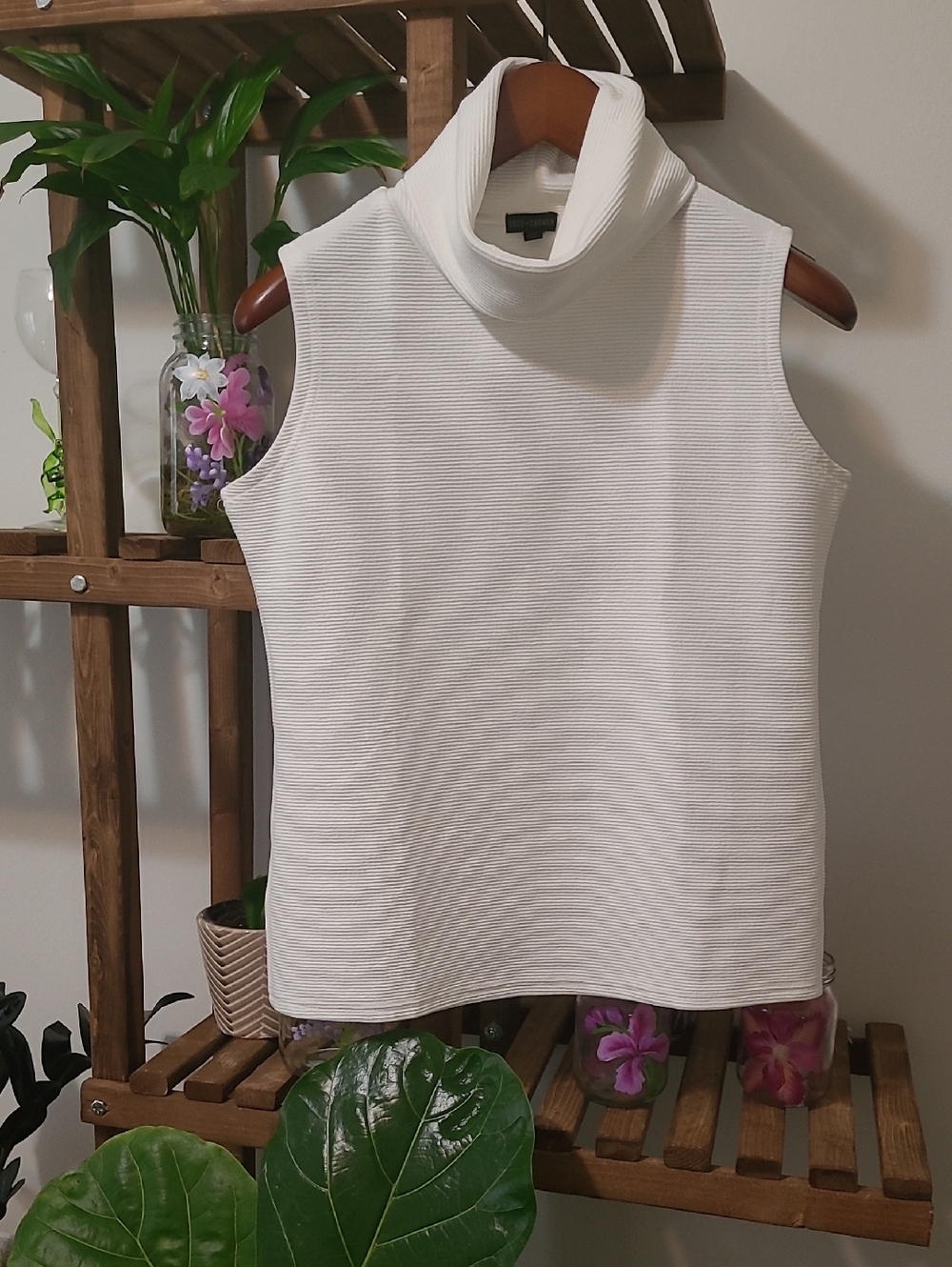 Sophisticated White Sleeveless Ribbed Knit Turtleneck Top